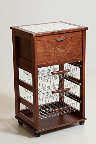 CARRELLO PORTAPANE PORTAFRUTTA IN MASSELLO CON CASSETTI ACCIAIO VARIE FINITURE CON RUOTE (NOCE)