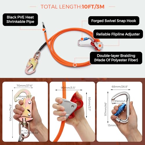 Image of Steel Wire Core Flip Line Kit 1 /2 inch X 10ft Arborist Equipment,Adjustable Lanyard Steel Core Tree Climbing Positioning Lanyard for Fall Protection Climbers Tree Climbers