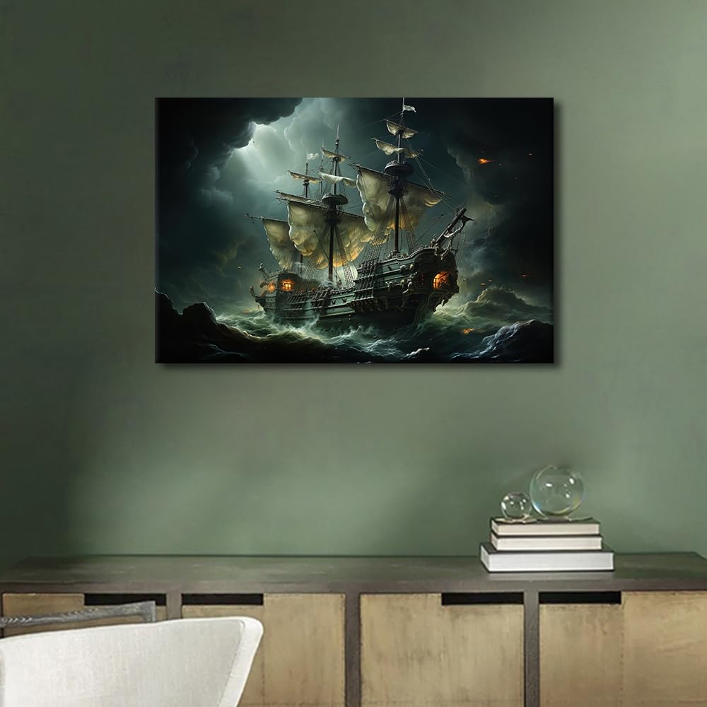Canvas Wall Art for Bedroom Pirate Ship in the Sea on a Full Moon Background Wall Art for Living Room Pirate Ship Wall Art Decor Modern Artwork for Home Walls Giclee Framed Ready to Hang 24x16 in - Image 3