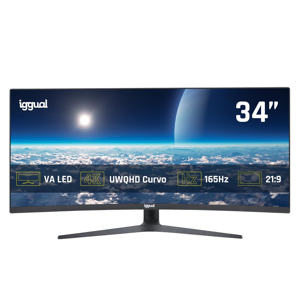 iggual Monitor 4K UltraWide Curvo 34" 21:9 WQHD 3440x1440px, 165 Hz, FreeSync, HDR, R1500, VA, 2xHDMI 2xDP, VESA 75x75,-Regulable Inclinación y Rotación. - Diseño Frameless