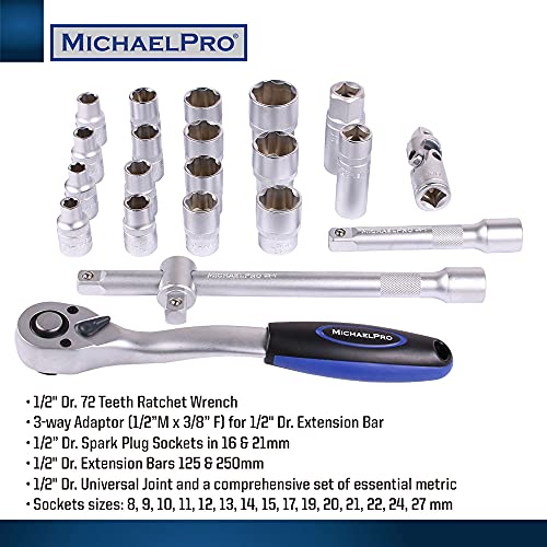 MichaelPro MP005011 22-Piece 1/2 Inch Dr. 72T Ratchet Wrench Socket Set, Metric, Ratchet Handle, Extension Rods - Image 3