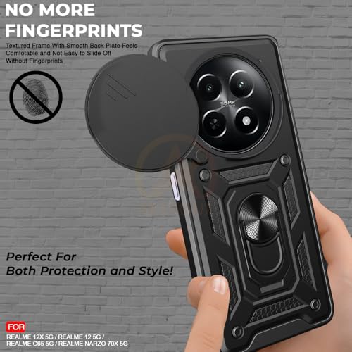 Image of Armor Bumper Back Cover Case for Realme 12 / 12X / C65 / Narzo 70X 5G Rotating Camera Cover, Ring Holder & Kickstand | Heavy Duty & 360 Degree Protection Back Cover (Black)