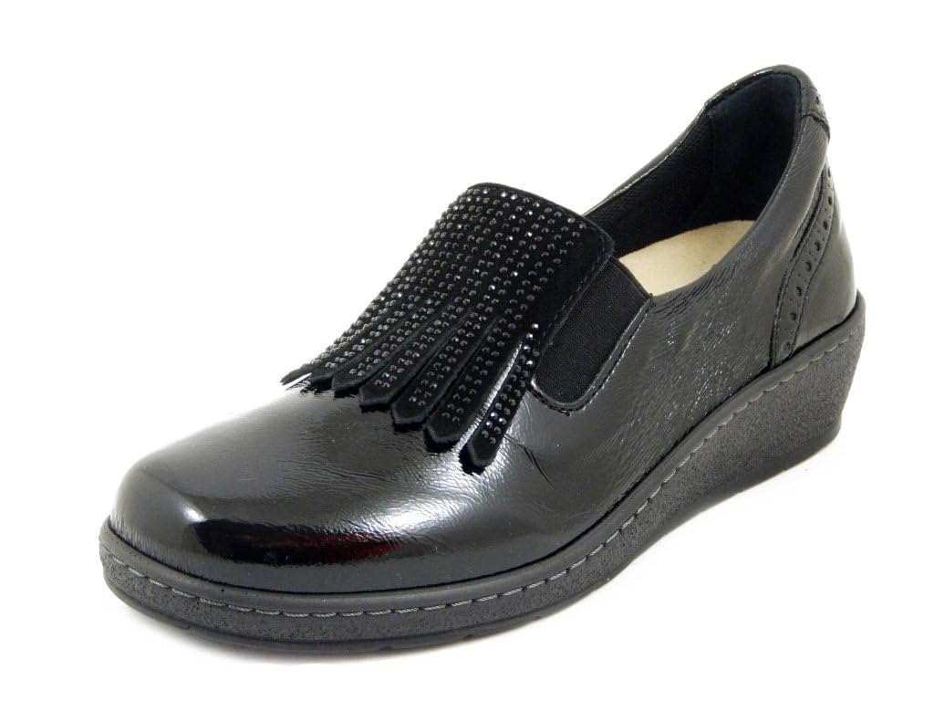 Cinzia Soft Mocassini Donna Scarpe Linea Ortopedica Sanitaria in Pelle Lucida Nero con Strass, Zeppa Bassa, Plantare Estraibile, 51162
