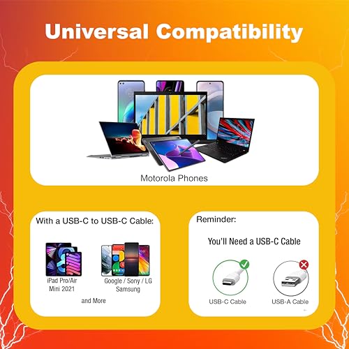 Image of 68W Turbo-Power C Type Fast Charger with 3.3Ft USB-C Cable | for Motorola Edge 60 Pro Edge 50 Pro Razr 50 Ultra Moto G84 G54 E40 G35 Edge 40 Neo | Original Power Charging Speed