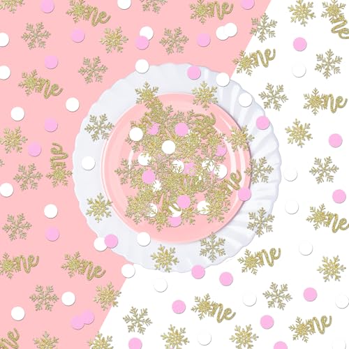 Image of 200pcs Winter Onederland 1st Birthday Confetti for Tables, Gold Glitter One Snowflake Confetti and Pink White Dots Table Scatter for Baby Girl First Birthday Decorations /Decor.