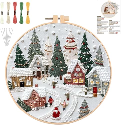 Image of YOUDRN Christmas Embroidery Kits,Winter Village Embroidery Kits for Adults,Christmas Embroidery Kit for Beginners with Pattern,Cotton Threads,Needles,Instruction,20cm Hoop (Winter Village)