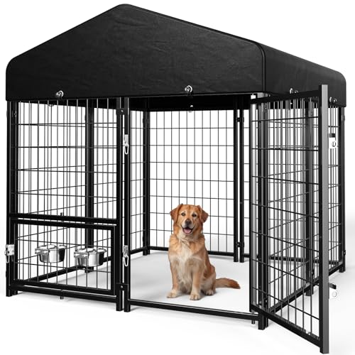Guiferland Dog Kennel Outdoor, Outside Dog Kennel with Roof & Swivel Feeders/Removable Doggy Door Allow Connecting Your Dog House, Heavy Duty Dog Run Pen Yard for Medium/Large Dogs (5'L x 5'W x 5'H)