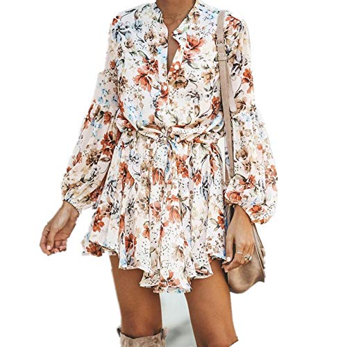 Preisvergleich Produktbild OKHGF Damen Cocktailkleider Asymmetrisches Hemd Damenkleider Sexy Blumendruck Minikleid Damen -Up Laterne Langarm Button Kleid-1_XL