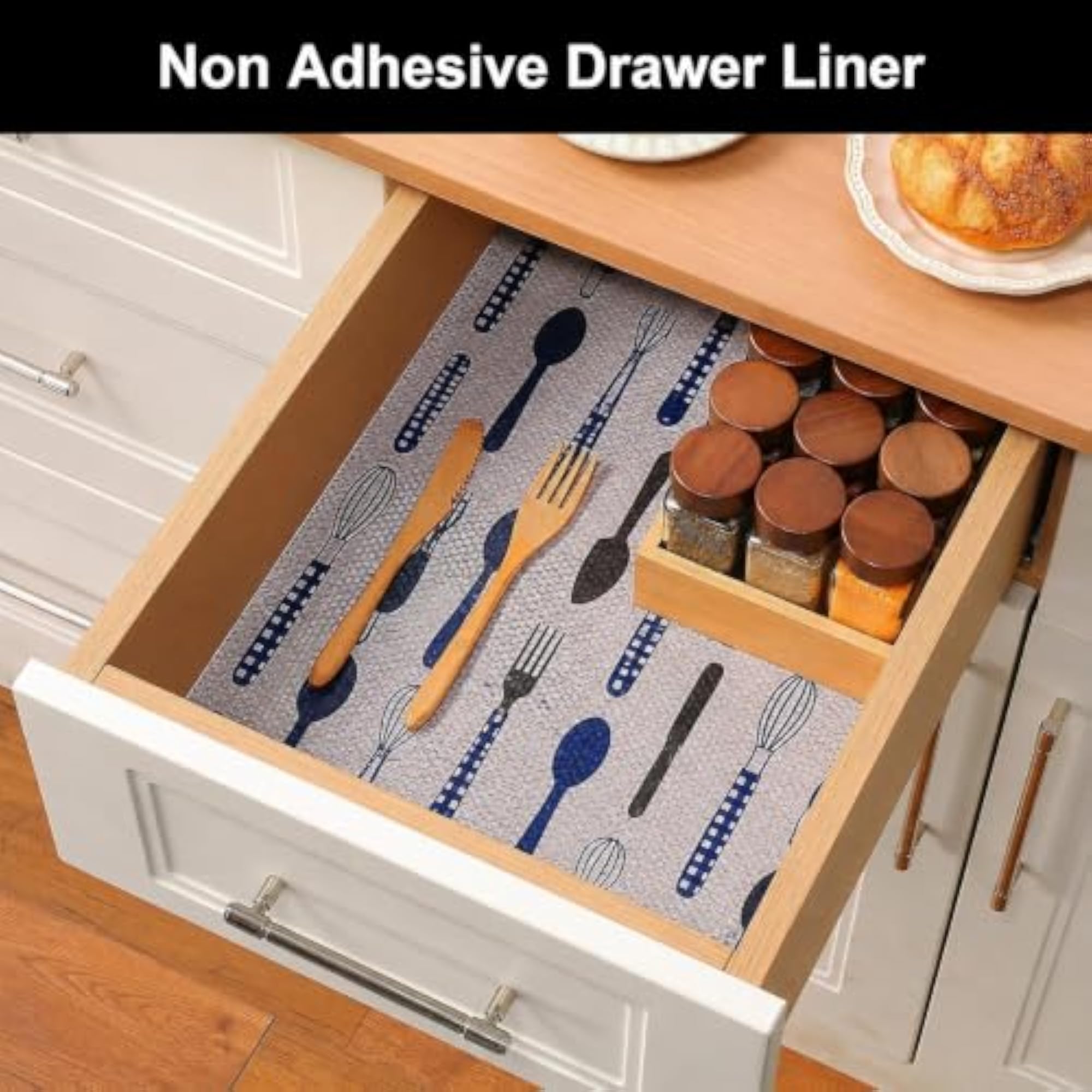 Kitchen Drawer Mat Blue Spoon Print 45 x 300 cm