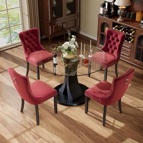 Image of 5-Piece Dining Table Set with 39In Tempered Glass Table and 4 Velvet Upholstered Chairs, Modern Scandinavian Furniture for Dining Room Kitchen(Burgundy)