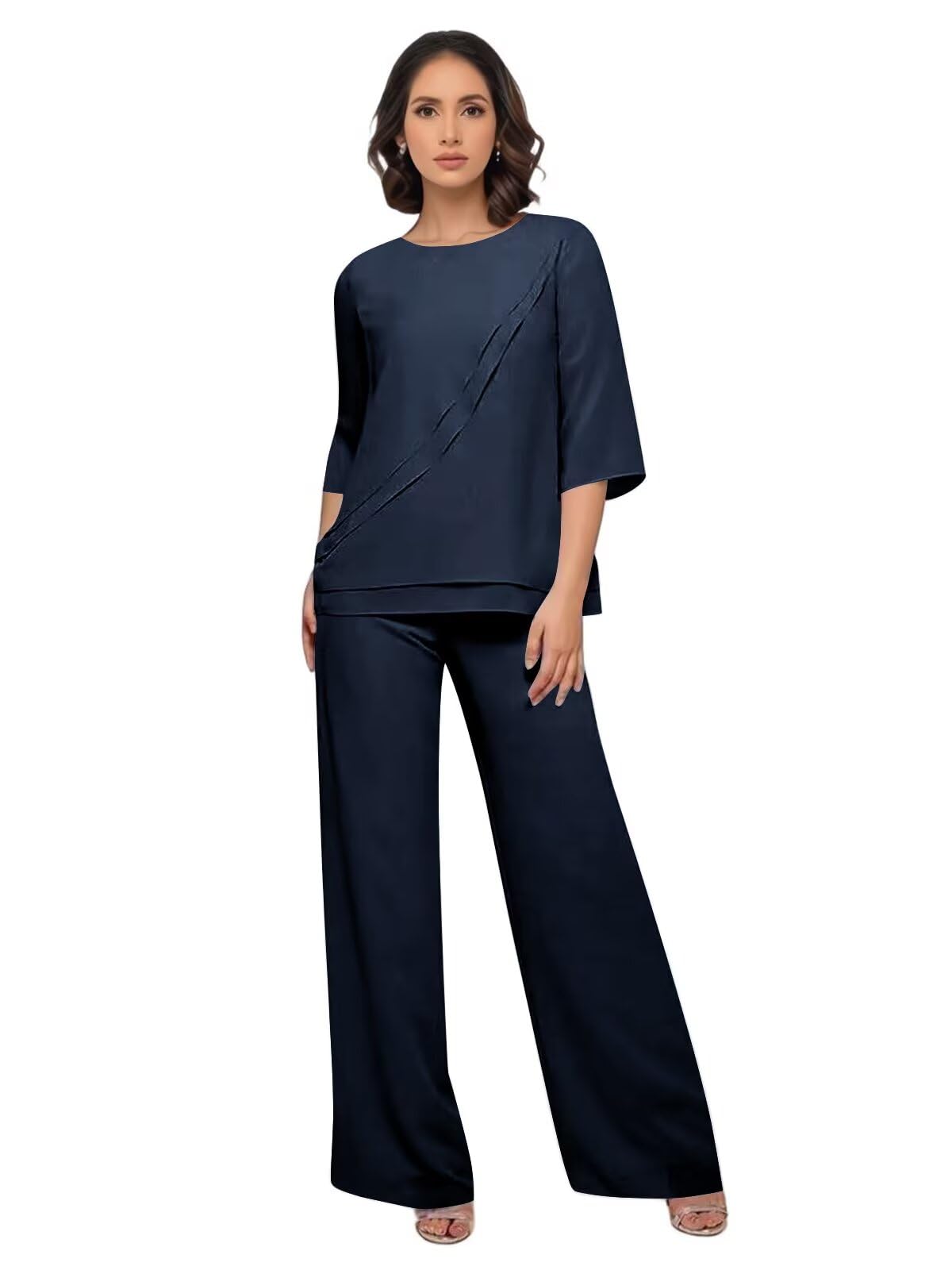 Chiffon Mother of The Bride Pant Suits for Wedding 2 Piece Pant Suit 3 4 Sleeves Formal Wedding
