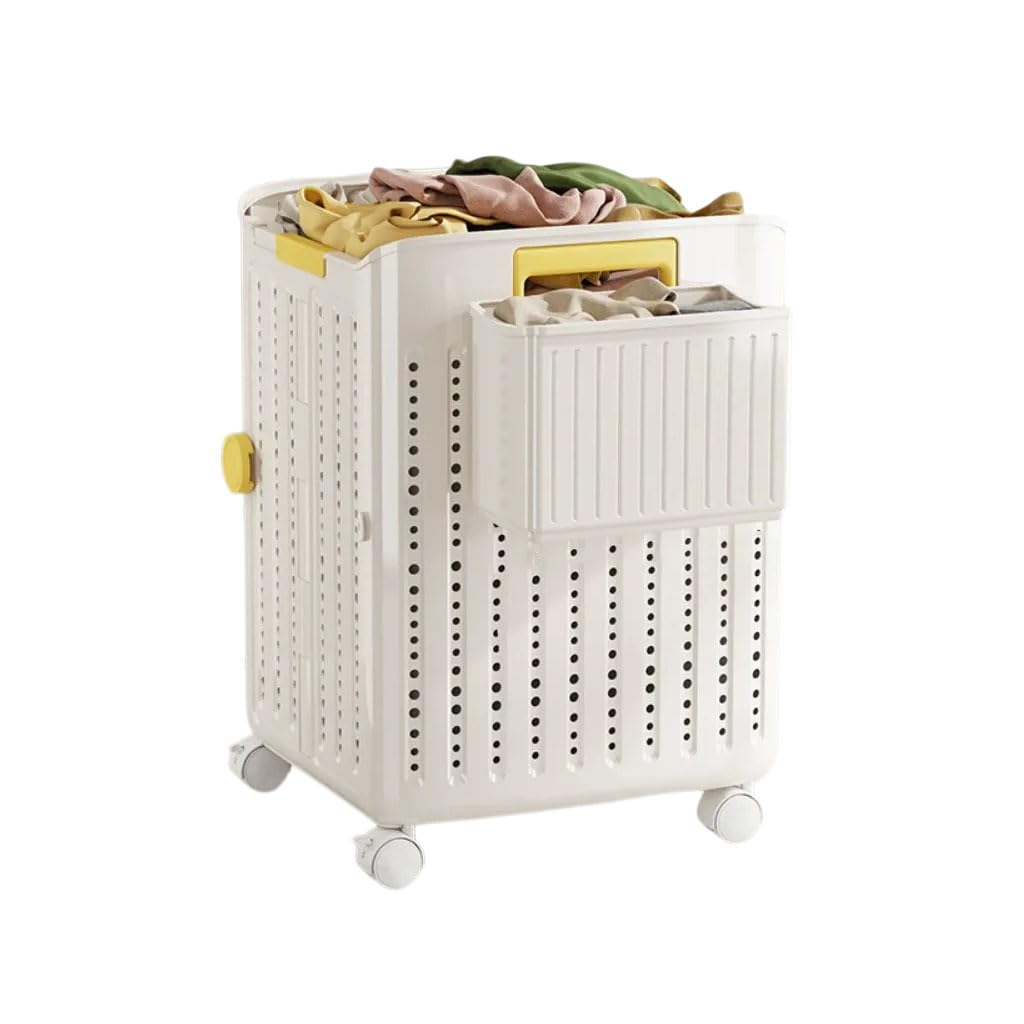HRGKLMN Laundry basket, foldable with wheels and additional basket, large-capacity washing basket made of plastic, space-saving laundry hamper for small apartments, bathroom wash area,weiß,L