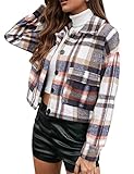 Yeokou Women's Fashion Cropped Flannel Shirt Plaid Shacket Long Sleeve Button Down Jackets Coat (#2 Blue, Small)
