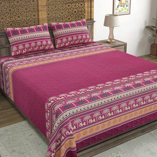 Image of BLOCKS OF INDIA Hand Block Printed 200 TC Cotton Super King Size Bedsheet(106 x 106) | Pack of 1, Batik Maroon Elephant