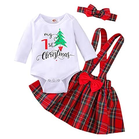 My First Christmas Clothes Baby Girl Christmas Outfits Santa Claus Printed Romper and Plaids Suspender Dress 3PCS Xmas Set (White,9-12 Months) Cover