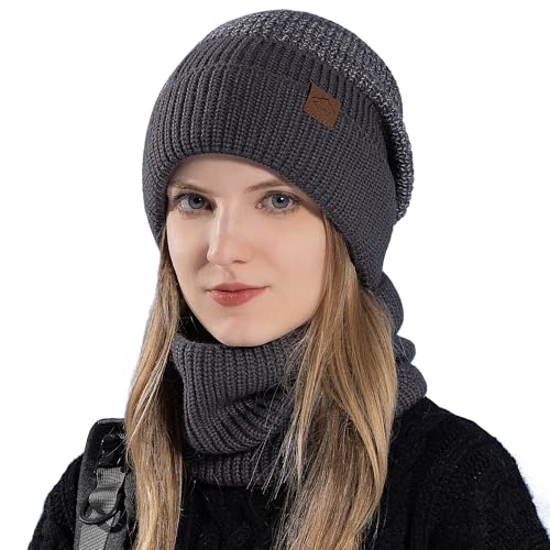 Bonnet écharpe femme hiver chaud de laine tricoté doublé polaire