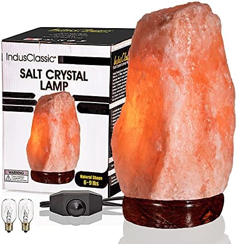 IndusClassic LN-04 Natural Himalayan Pink Crystal Rock Salt Lamp 6~9 lbs with Dimmer Control Switch, 2 Extra Bulbs, Quality Gift Packaging