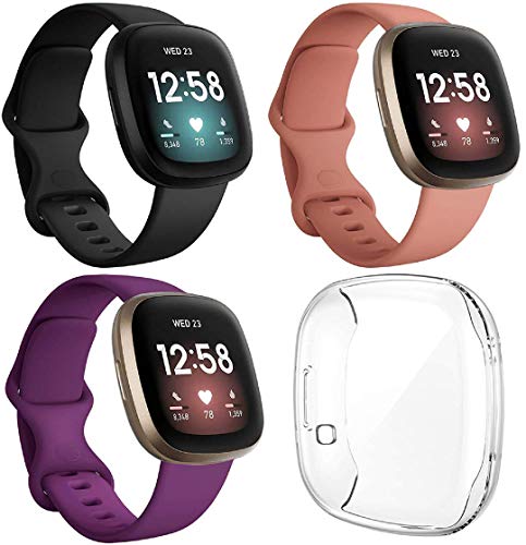 3-Pack Sport Bands with 1-Pack Clear Protective Case Compatible with Fitbit Sense/Versa 3, Classic Soft Silicone Replacement Wristband Strap Accessories for Women Men(Black/Pink/Plum, Small)
