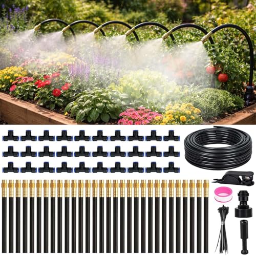 Sistema de Riego Jardín, 30M Kit Nebulizador por Goteo Automatico, Sistema Riego Automático con Ajustable Boquilla Aspersor Pulverizador, Sistema de Riego por Goteo para Jardin Invernadero
