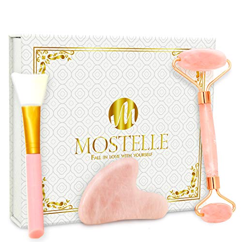 Rose Quartz Roller for Face, Gua Sha Facial Massager & Facial Mask Brush Tools Set - Anti Aging, Eye Puffiness, Neck Slimming Skin Care Tool - Durable & Natural Jade Roller Alternative by Mostelle