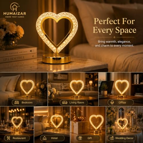 Image of HUMAIZAR Heart Crystal Rechargeable LED Table Lamp, USB Type-C Charging, Touch Control, Warm White LED, Premium Gold Metal & Crystal Acrylic Night Light for Bedroom, Living Room, Home Decor & Gift