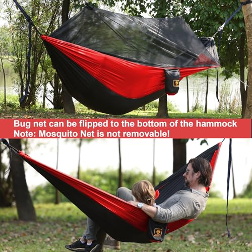 Image of Camping Hammock with Net,Travel Portable Lightweight Hammocks with Tree Straps and Solid D-Shape Carabiners,Parachute Nylon Hammock for Outsides Backpacking Beach Backyard Patio Hiking
