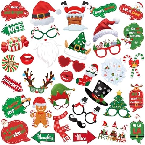 Christmas Photo Booth Props - 37Pcs Christmas Party Decorations, Christmas Games for Adults Family Christmas Party Favors & Supplies, Funny Christmas Photoshoot Props for Photo Backdrop Cover