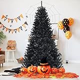 Happygrill 7 Ft Black Halloween Tree with 500 Purple LED Lights 1096 Branch Tips & Foldable Metal Stand, Hinged Xmas Tree for Christmas Decoration