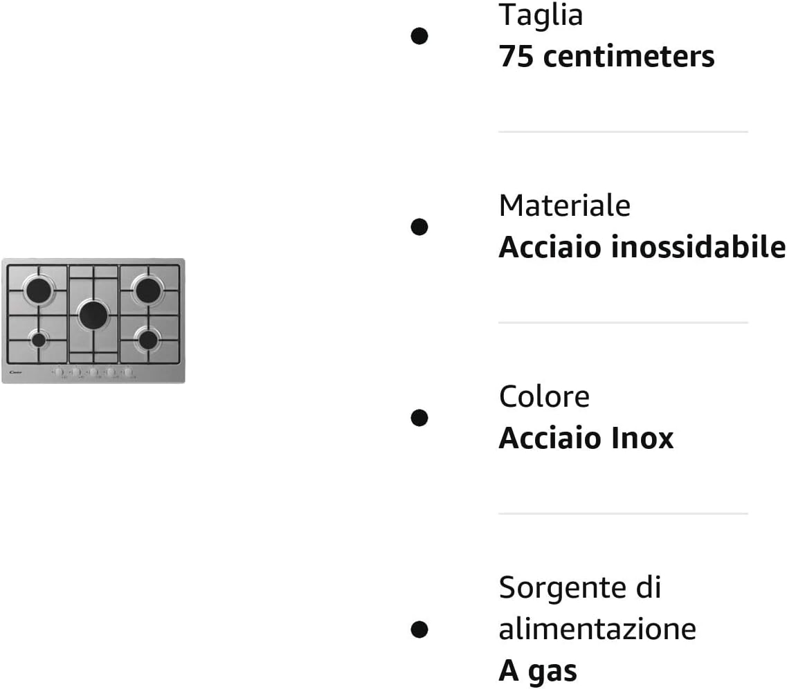 Candy Piano cottura a Gas 5 Fuochi da 75 cm colore inox Candy Piano cottura a Gas 5 Fuochi da 75 cm colore inox