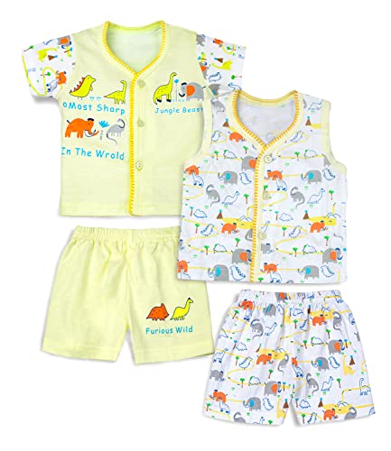Image of mustmom Newborn Baby Cotton Jhabla Set | 0-3 Months | Combo of 1 T-Shirt, 1 Vest & 2 Shorts Set | Soft Breathable Summer Wear | Gift Set