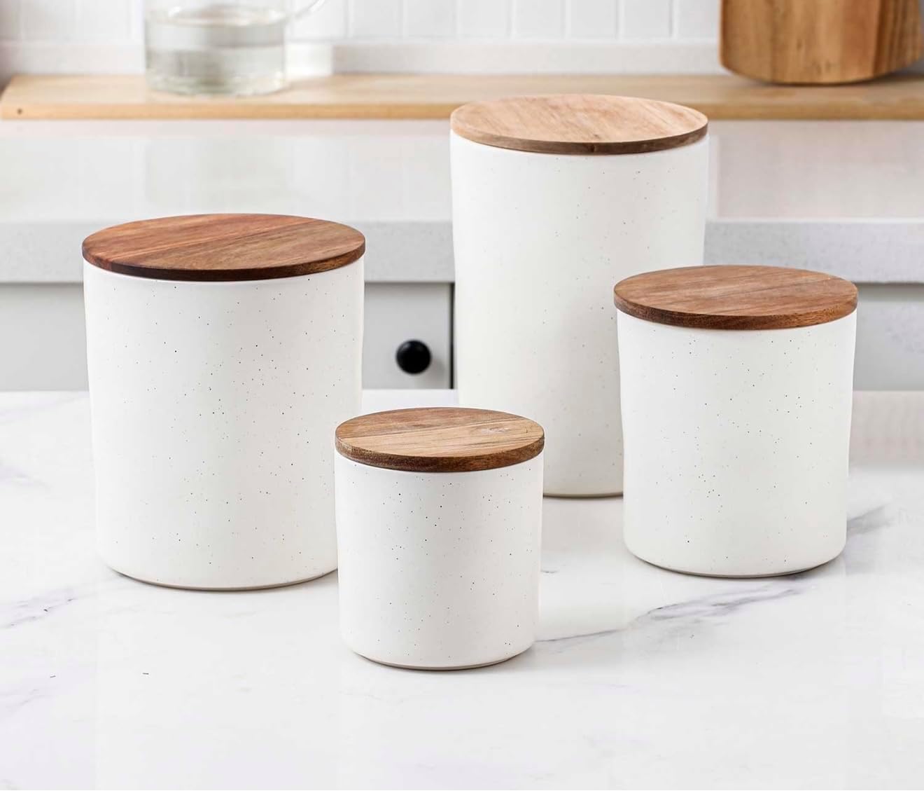 Modern Ceramic Kitchen Canisters with Bamboo Lids, White Storage Jars for flúor, Coffee, Tea and Cookies, Set of 4