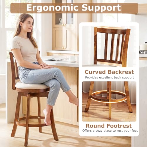 Butacos Giratorios de Barra Giantex, Set de 2 Unidades, Altura para Encimera (25 pulgadas), Patas de Madera de Caucho y Reposapiés, Asiento Tapizado, Estilo Granja para Isla de Cocina, Comedor y Pub miniatura 6