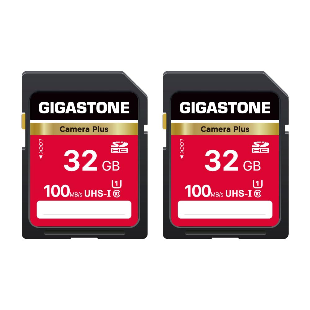 GIGASTONE Tarjetas SD de 32GB Paquete de 2, Camera Plus, UHS-I U1 Clase 10 SDHC Tarjeta de Memoria Full HD para cámara Digital Canon, con 2 Mini Fundas