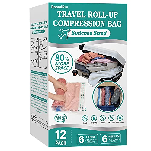 12 Compression Bags for Travel, Roll Up Space Saver Bags for Travel, Saves 80% of Storage Space, Travel Compression Bags for Packing & Clothes, No Pump or Vacuum Needed