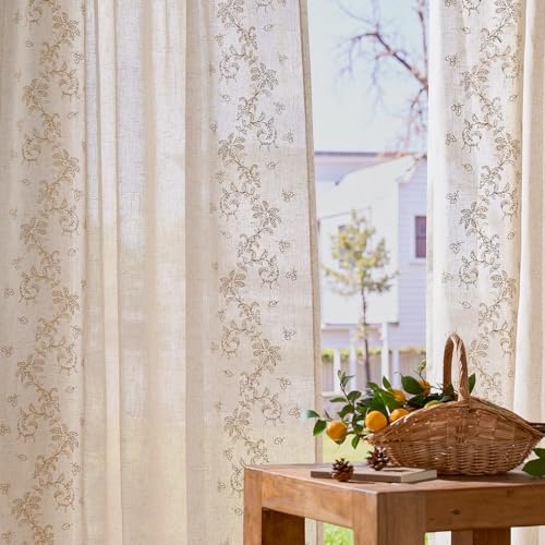 Image of jinchan Floral Linen Curtains, Back Tab 50x63 Inch, 2 Panels Beige