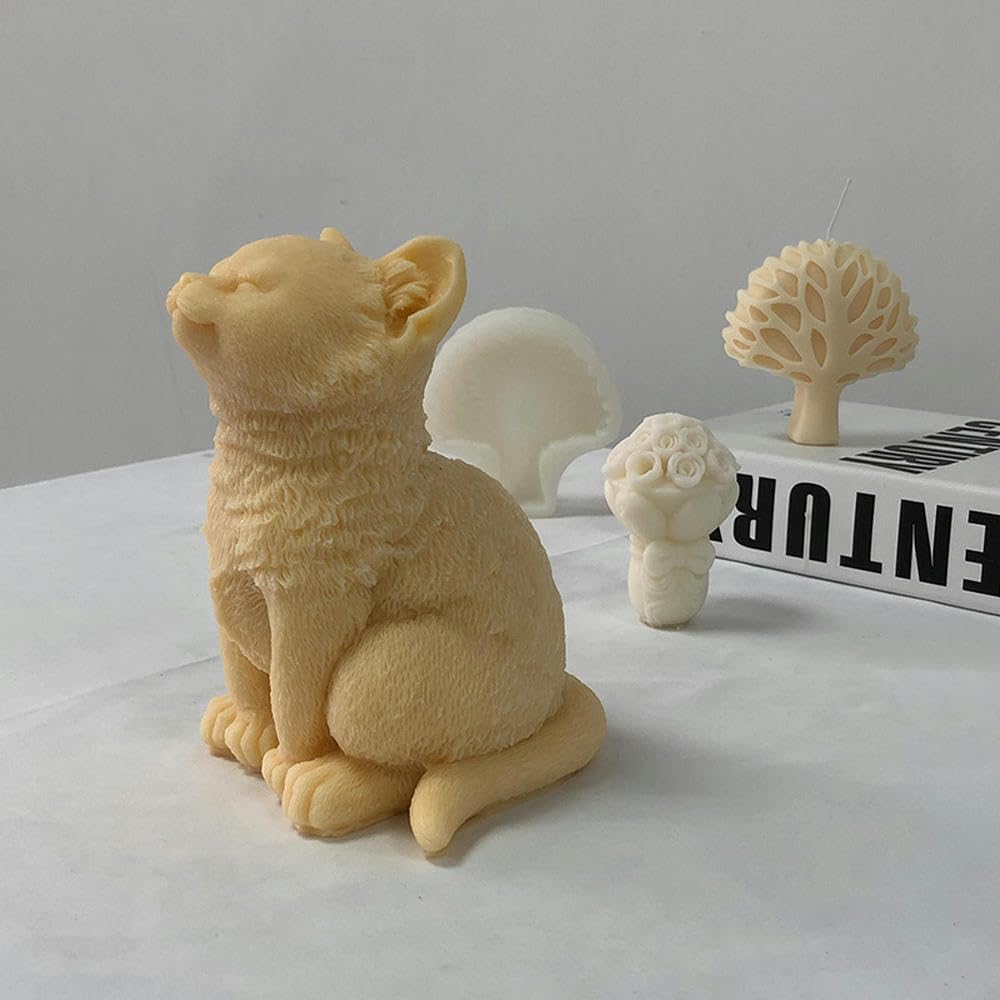 Stampo Per Candele Stampo In Silicone Per Candela Per Aromaterapia Con Gatto Seduto E Gattino, Stampo Per Gatti Animali Fai-Da-Te - Bianco