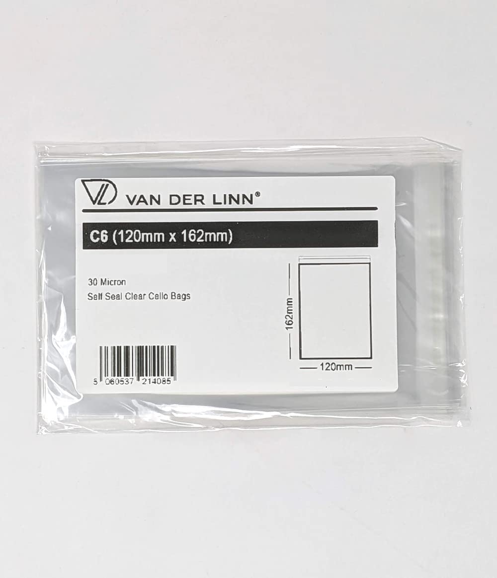 Van Der Linn C6 Cello Card Bags, Self Seal Cellophane Display Envelopes for Cards and Prints (100)