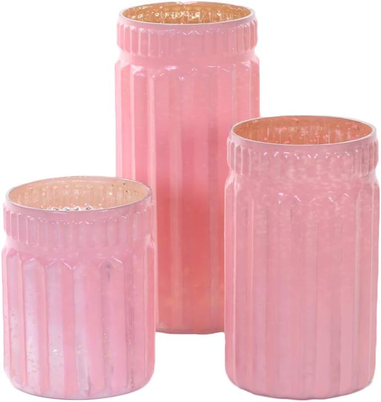Koyal Wholesale Blush Pink Ribbed Mercury Glass Vases, Bulk Set of 3, Mercury Vases for Flower Centerpieces