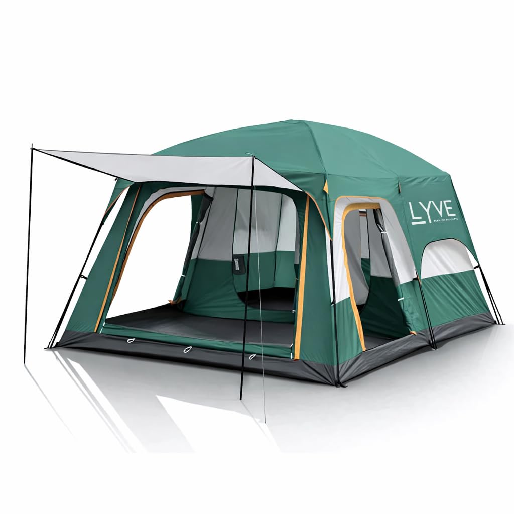 Lyve Familienzelt XL – Wasserdichtes Campingzelt mit 2 bis 3 Schlafkabinen – Deep Sleep Verdunkelung – 8000 mm Wassersäule – 4/6 / 8 Personen – Grün
