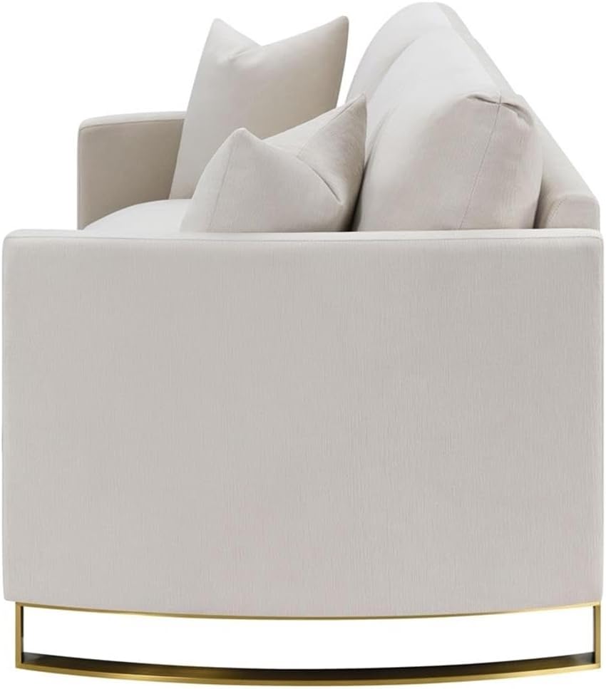 Pemberly Row Contemporary Upholstered Loveseat, 69 in Wide, Textured Velvet Beige, Curved Track Arms, Gold Stainless Steel Legs, Includes Accent Pillows, Reversible Cushioned Seats for Living Room or