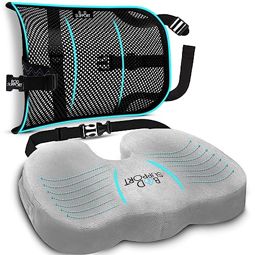 Bod Support Seat Cushions for Office Chairs with Lumbar Support, Desk Chairs, and Car Seats - Adjustable Straps and Non-Slip Ergonomic Design for Tailbone and Lower Back Pain Relief for All Day Use