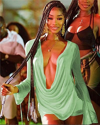 Image of Women's Sexy Long Sleeve Two 2 Pieces Outfits Sheer Mesh Mini Dress Skirt Set Top V Neck Backless Ruched Bodycon Cover Up