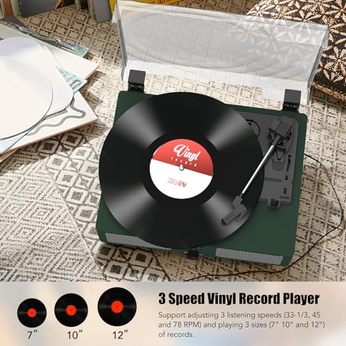 Image of Vinyl Record Player with Built-in Speakers and USB,Belt-Driven Bluetooth Turntable with 3 Speed AUX Input Headphone Jack and RCA Output Vintage Wooden DarkGreen