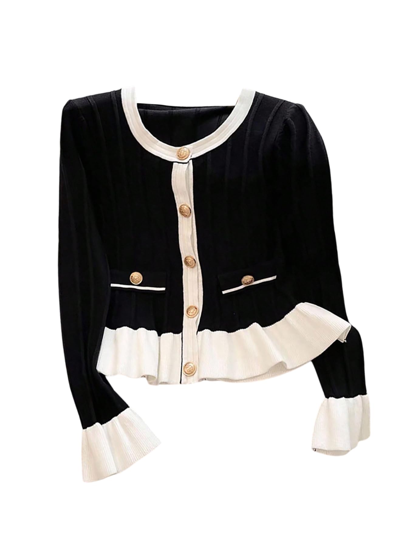 Verdusa Womens Elegant Button Up Cardigan Sweaters Colorblock Ruffle Knit Outwear Formal Outfits