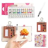 Mini Aquarell Travel Set (8-Fächer braune Palette + 24 Farben + 1 Pinsel + 1 Blumen-Malbuch)