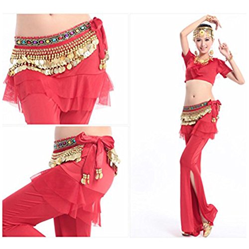 Image of VRITRAZ Women's Chiffon Belly Dance Hip Scarf Waistband Belt Skirt Mixed Colors Beads and Golded Coins 56 Black