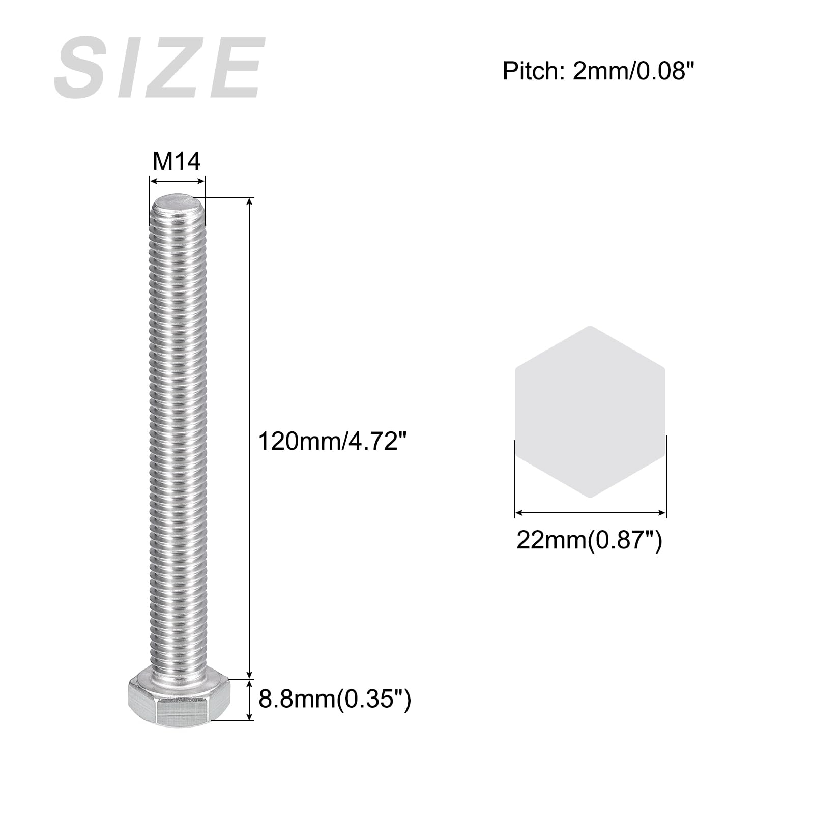 METALLIXITY Hex Bolts (M14-2x120mm) 2Pcs, 304 Stainless Steel Coarse Fully Threaded Hex Head Screw Bolt Machine Screws - Image 2