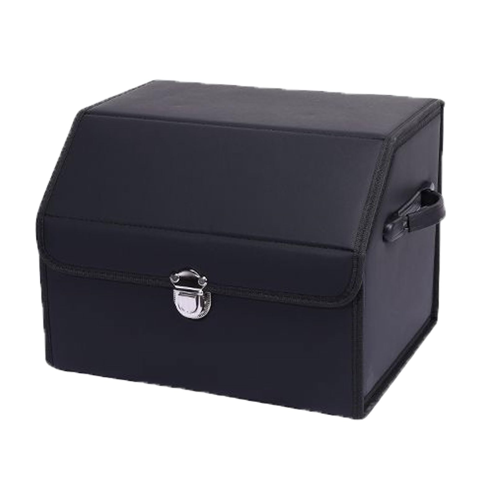 JZAHYUK Leather Storage Box Car Trunk Organizer for Trunk SUV Sedan, Leather Foldable Storage Box with Lid (Black 14.9" L*12.2" W*11.8" H)