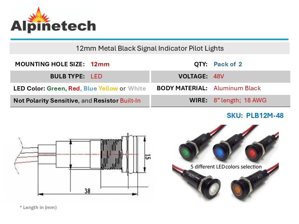 Alpinetech 2PCS PLB12M 12mm LED 48V Metal Azul miniatura 2