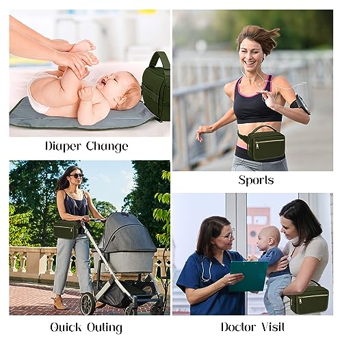 Image of printe Small Diaper Bag with Portable Changing Pad, Crossbody Diaper Pack with Wipes Pocket, Women Waist Bag for Travel Stroller, Olive Green